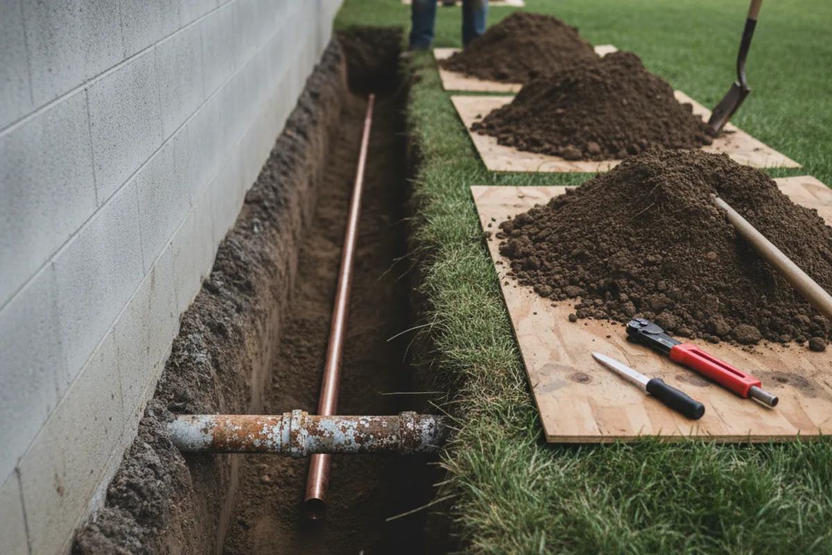 Excavated water line trench during Sewer Line Repair in Boyertown